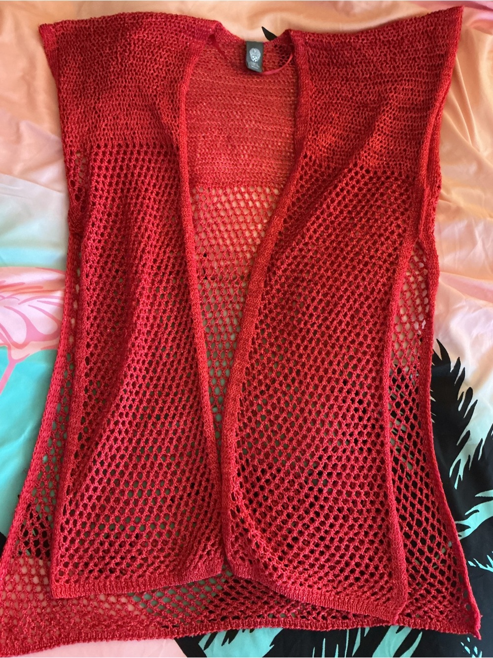 Vince Camuto Open Knit Crochet Red Sleeveless Sequined Cardigan or Cover Up